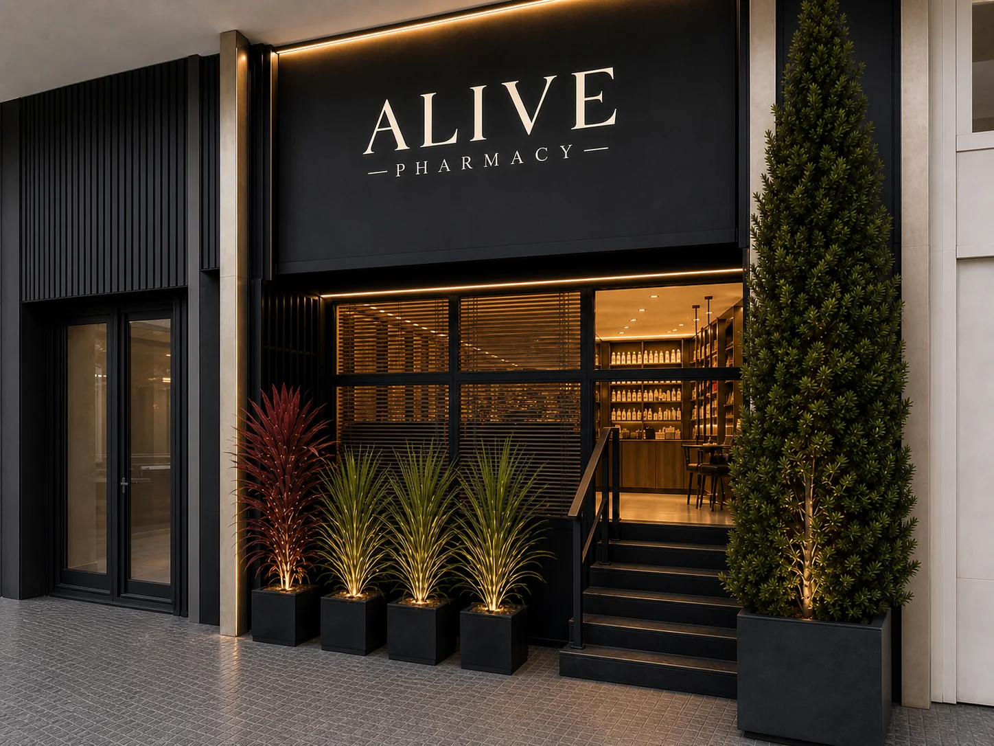 Fachada iluminada da Alive Pharmacy com a assinatura em marfim sobre o painel escuro