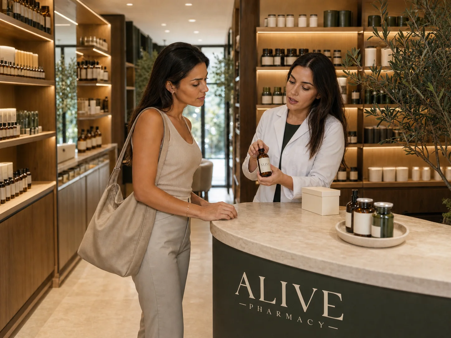 Farmacêutica da Alive Pharmacy apresentando uma fórmula manipulada a uma paciente