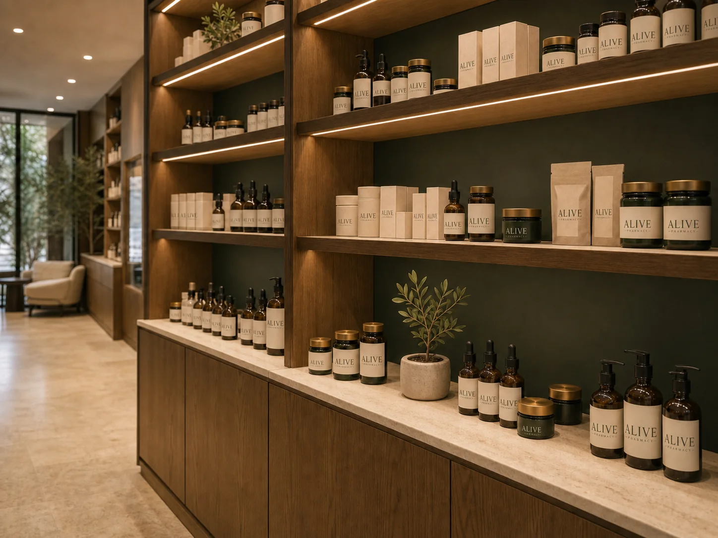 Prateleiras iluminadas da Alive Pharmacy com frascos e potes de fórmulas manipuladas